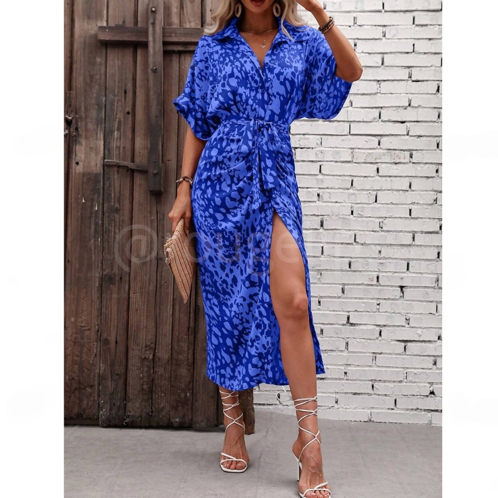 Spotted All Over Print Button Through Tie Belt Ruched Maxi Shirt Dress  Blue - Picture 5 of 9